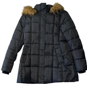 Tommy Hilfiger Women's L Faux-Fur-Trim‎ Hooded Coat Plaid Blue Green Winter